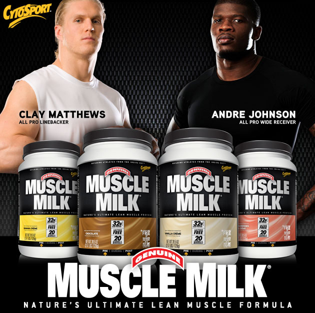 Cytosport Muscle Milk Nature's Ultimate Lean Muscle formula. Clay Mathews - All Pro Linebacker. Andre Johnson - all pro wide receiver
